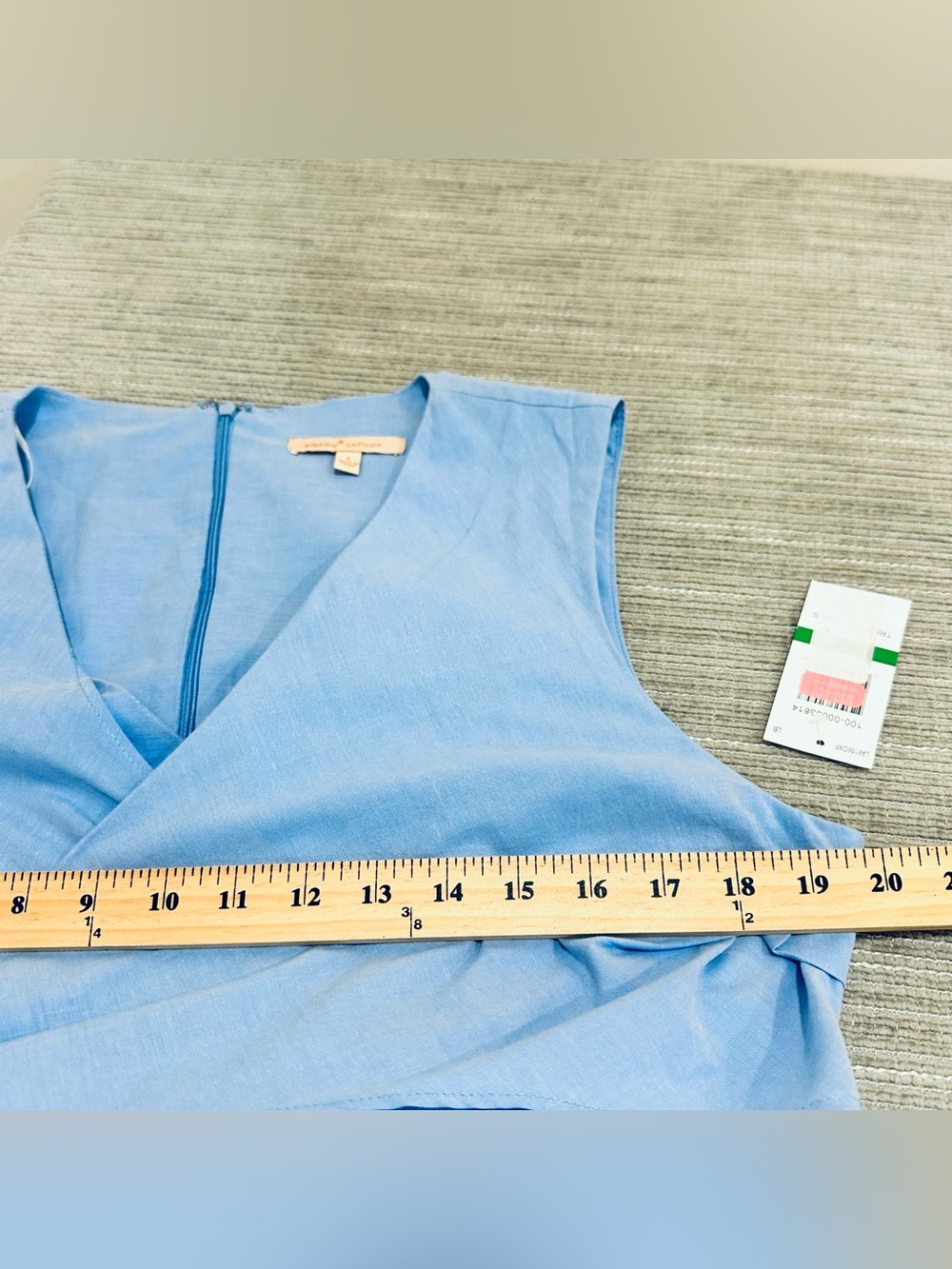 NWT Gibson Latimer Dress Sleeveless Blue 100% Cotton Faux Wrap Pockets Size L - Picture 6 of 8